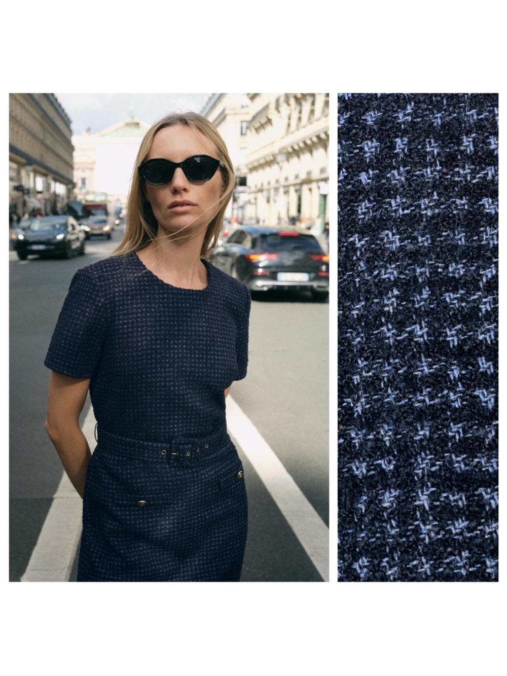 Zara Tweed Navy Belted Textured Dress sz S